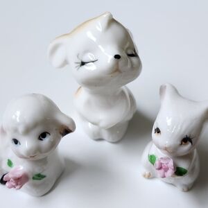 Vintage Mini Rabbit, Bunny & Lamb White Bone China Figurines Dept 20 Roses Cute
